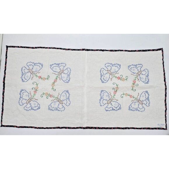 Handmade Table Runner Hand-Stitched Butterfly-Themed  Quilt With Floral Border - Picture 1 of 5